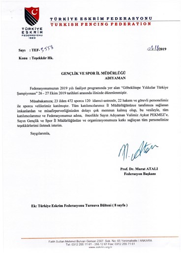 ESKRİM FEDERASYONUNDAN ADIYAMAN’A TEŞEKKÜR