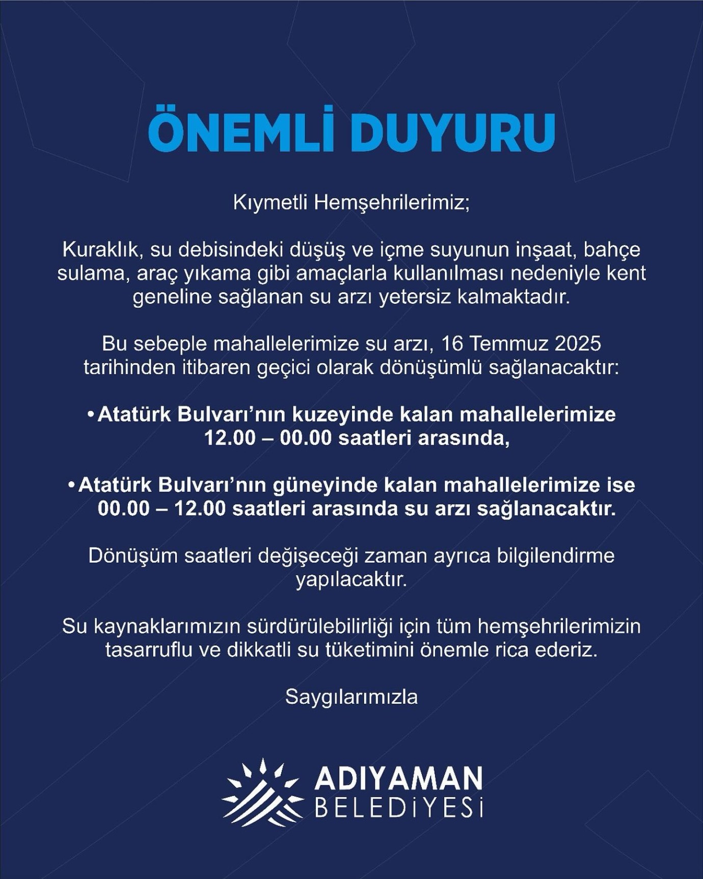 Adıyaman Belediyesi’nden geçici su arzı düzenlemesi