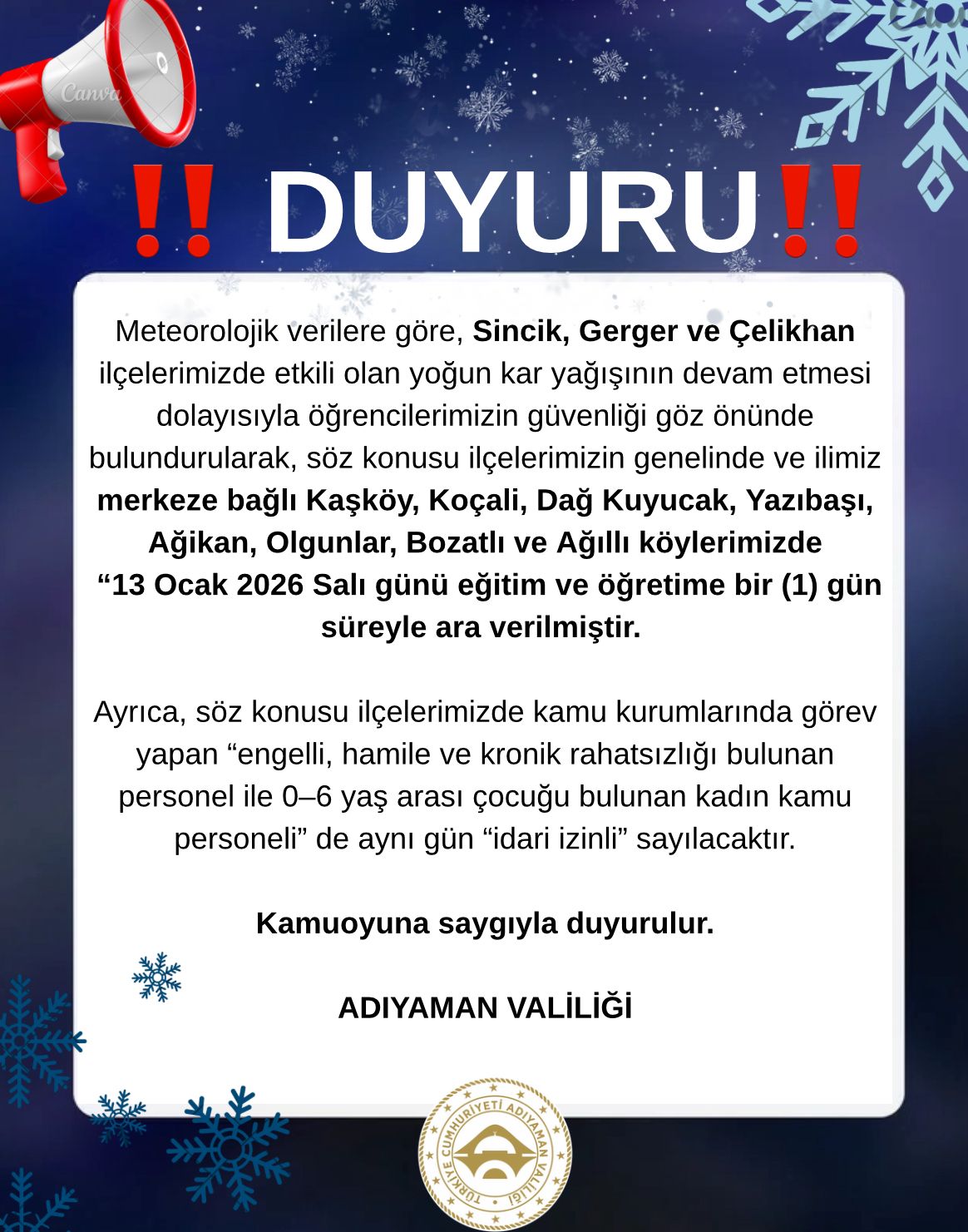 Valilikten Tatil Açıklaması