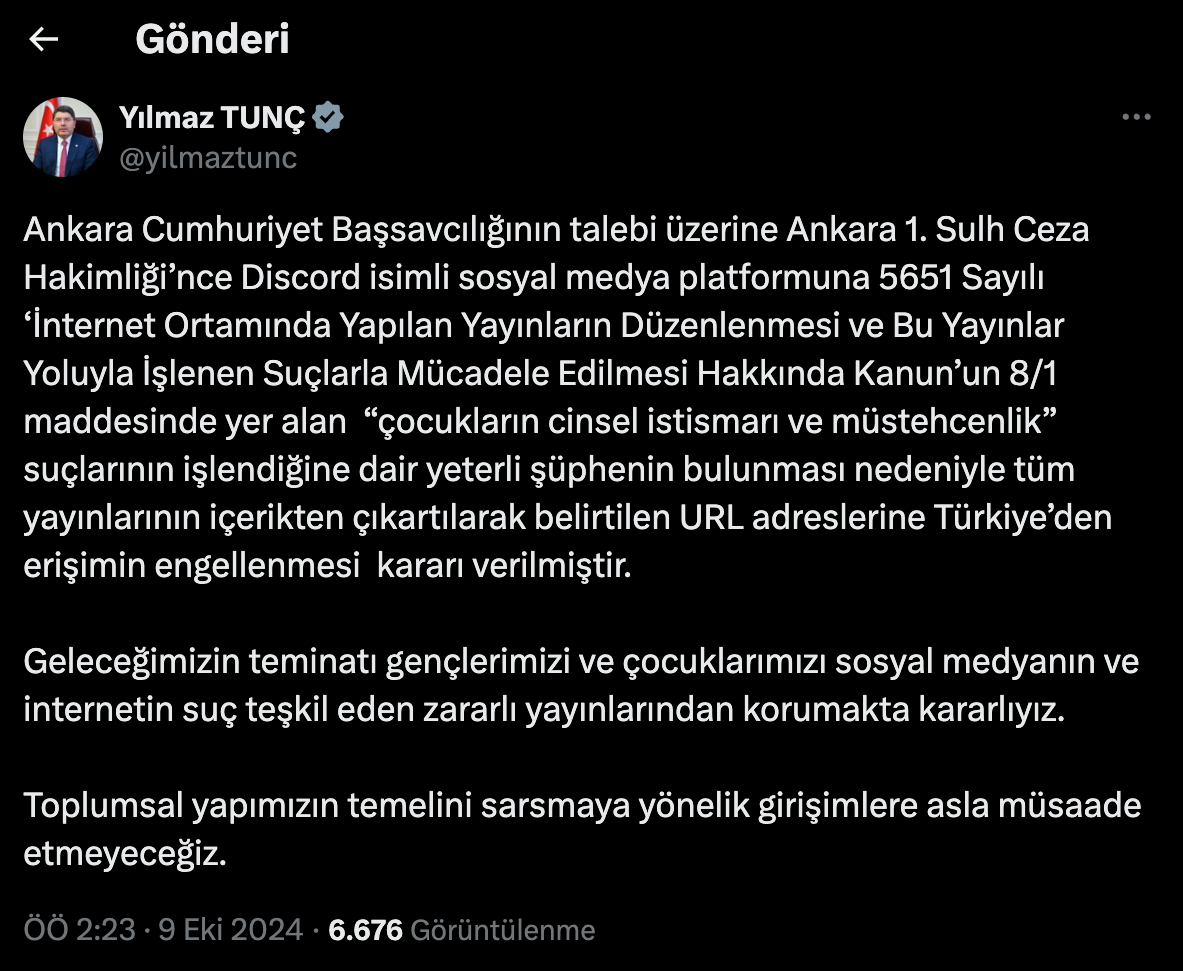Discord’a erişim engeli: Bakan Tunç’tan kritik açıklama
