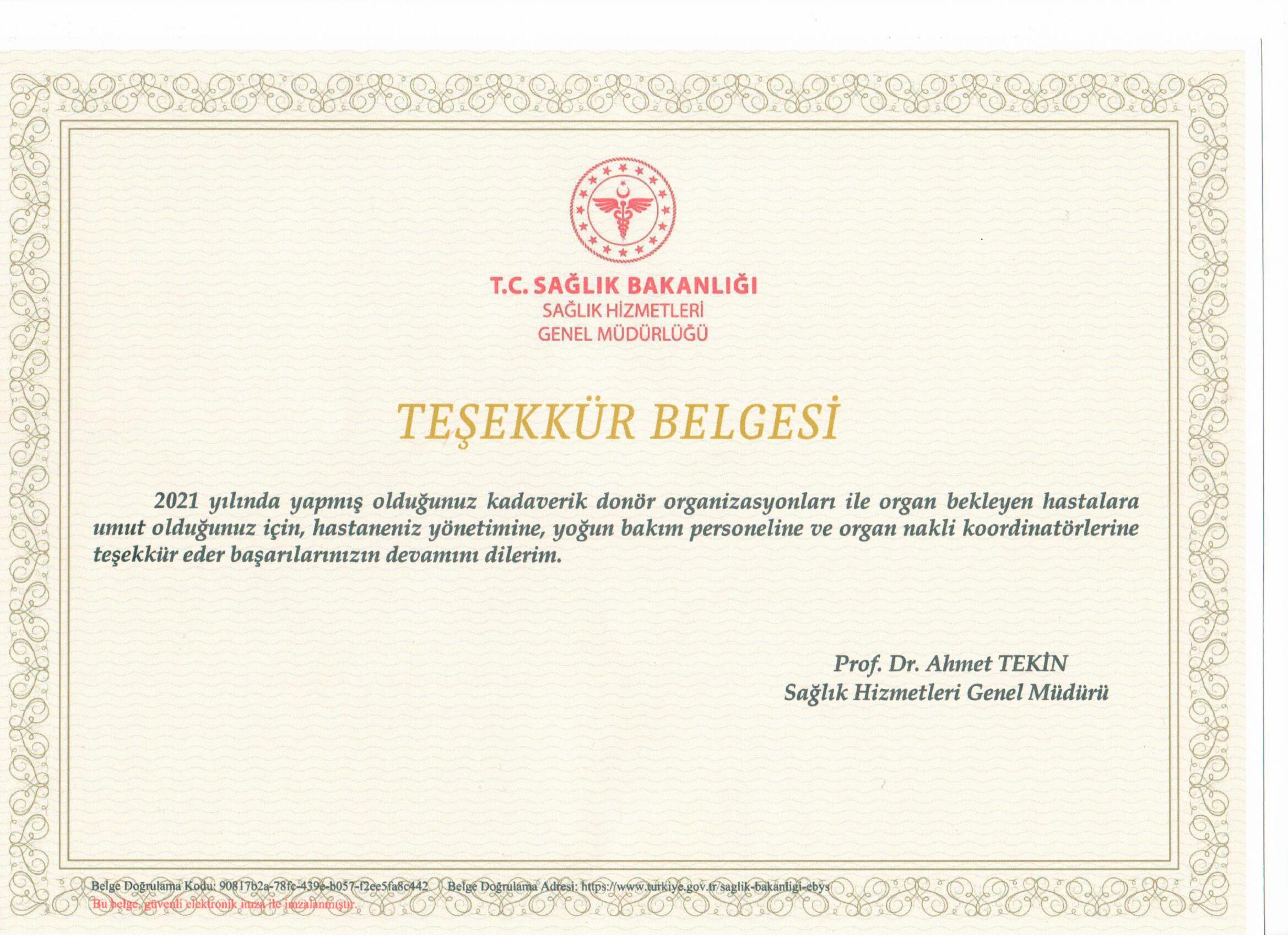  Sağlık Bakanlığı’ndan Sanko Hastanesine Teşekkür Belgesi