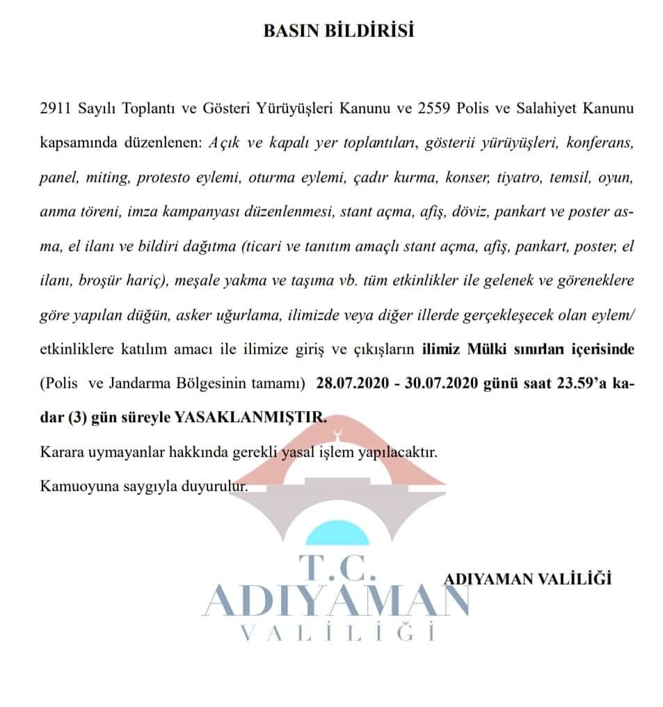 Adıyaman'a Giriş Çıkışlar Yasaklandı